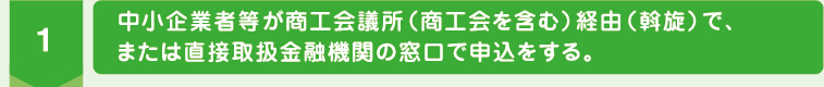 1.中小企業者等が商工会議所（商工会を含む）経由（斡旋）で、中小企業者等が商工会議所（商工会を含む）経由（斡旋）で、中小企業者等が商工会議所（商工会を含む）経由（斡旋）で、または直接取扱金融機関の窓口で申込をする。 